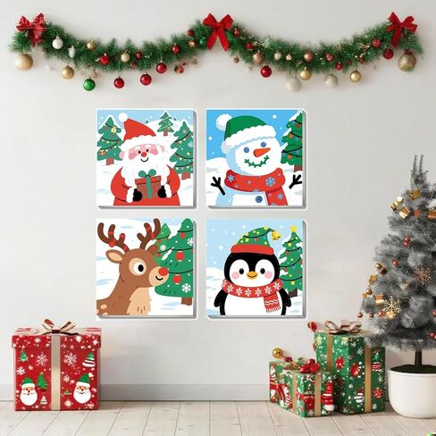 4 حزمة عيد الميلاد طلاء أرقام أرقام للأطفال (مع إطار)-الطلاء حسب العدد للأطفال ، سهلة أكريليك مائية لوحة زيت مجموعات زيت الطفل 5-8-12-12-13 ديكور الجدار (8x8in) in Kuwait