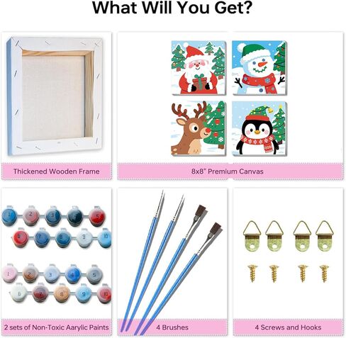 4 حزمة عيد الميلاد طلاء أرقام أرقام للأطفال (مع إطار)-الطلاء حسب العدد للأطفال ، سهلة أكريليك مائية لوحة زيت مجموعات زيت الطفل 5-8-12-12-13 ديكور الجدار (8x8in) in Kuwait