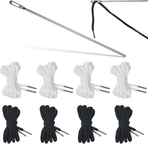 8Pcs Drawstring for Sweatpants Cord Replacement White Black Flat Wire Cord for a Hoodie with Threader Drawstrings Replacement for Shorts Pants Jackets Trunks, 1/2" x 59" in Saudi Arabia