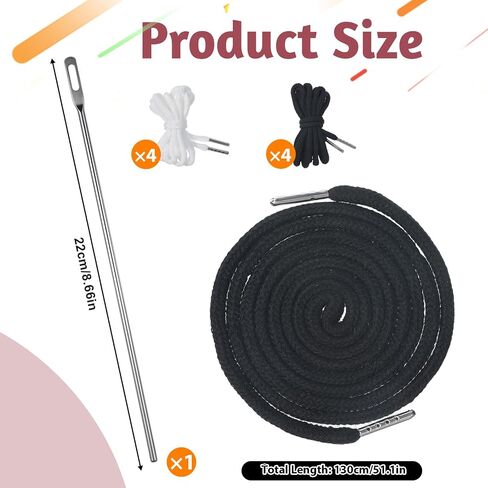 8Pcs Drawstring for Sweatpants Cord Replacement White Black Flat Wire Cord for a Hoodie with Threader Drawstrings Replacement for Shorts Pants Jackets Trunks, 1/2" x 59" in Saudi Arabia