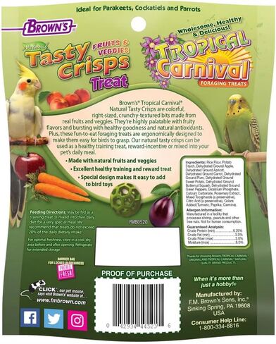 F.M. Brown'S Tropical Carnival Natural Baked Crisps For Cockatiels, Parakeets, Lovebirds, And Parrots Of All Sizes, 0.8-Oz Bag - Treats Made From Natural Fruits And Veggies in Kuwait