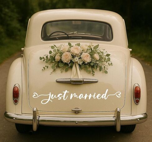 Just Married Decal, Wedding Bumper Sticker, Wedding Car Decal, Wedding Decorations, Wedding Signs, Decal for Newlyweds, Unique Wedding Decor for Cars, Car Stickers, 28 x 4.7". in Saudi Arabia