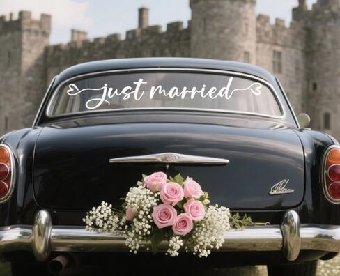 Just Married Decal, Wedding Bumper Sticker, Wedding Car Decal, Wedding Decorations, Wedding Signs, Decal for Newlyweds, Unique Wedding Decor for Cars, Car Stickers, 28 x 4.7". in Saudi Arabia