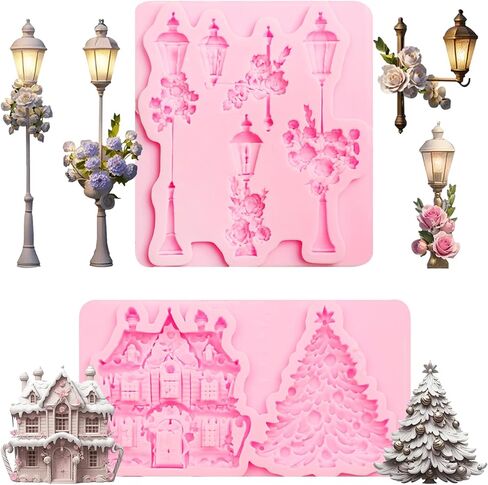 Christmas Tree Silicone Molds, Set of 2, Street Lamp Snow House Fondant Molds for Cake Decoration Clay DIY Crafts in Saudi Arabia