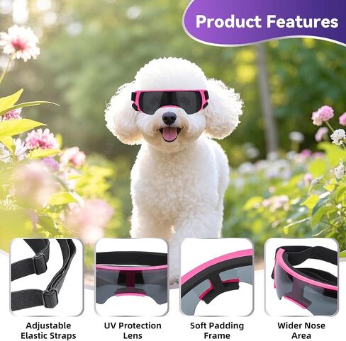PETLESO Small Dog Goggles, Anti-UV Dog Sunglasses for Outdoor Driving Cycling Riding Hiking, Windproof Dustproof Snowproof Eye Protection, Pet Eye Wear with Adjustable Strap, Silver in Kuwait