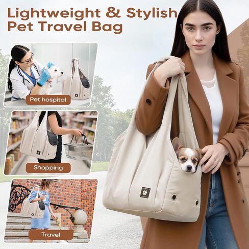 Dog Purse Carrier for Small Dogs, Cats, and Puppies – Soft-Sided Travel Pet Tote Bag with 4 Large Pockets, Foldable, Lightweight, Fits Pets up to 15 lbs, for Travel, Outings (Beige) in Saudi Arabia