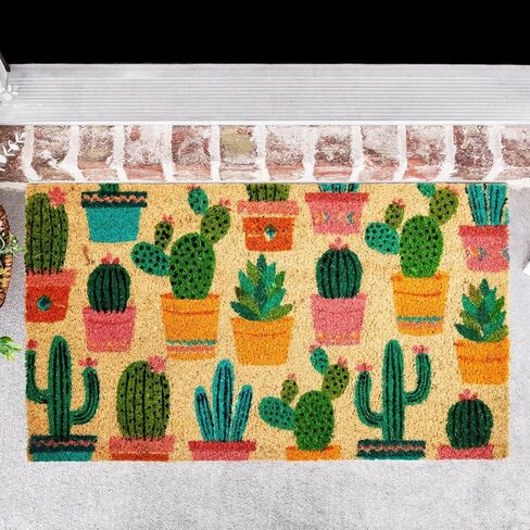 Juvale Natural Coco Coir Door Mat with Cactus Design - 17 x 30 Inch Green Cactus Pattern Entry Rug - Front Door Welcome Mat & Outdoor Rug - Easy Clean Durable in Saudi Arabia