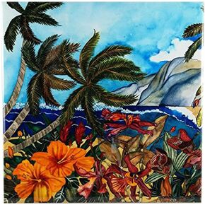 6" decorative ceramic tile. Beach Scene "Secret Spot". Artwork by Candace Lee. Made in Hawaii in Saudi Arabia