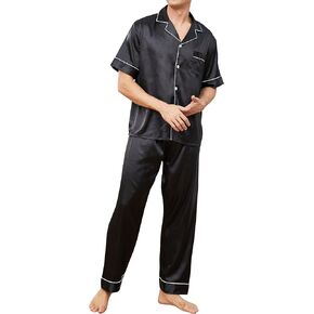 Mens Silk Pajama Set, Short Sleeve Pjs Sets Sleepwear Button Down Loungewear with Long Pants