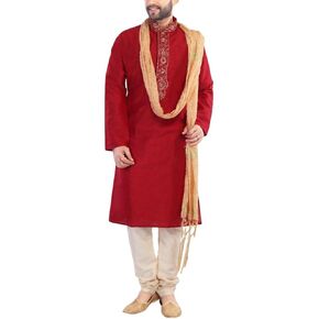 MKP9010 Red and Gold Men's Kurta Pyjama Indian Suit Bollywood Sherwani