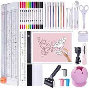 37Pcs Essential Tool Set for Cricut Machine, Ultimate Tool with 7Pcs Weeding Tools for Vinyl, LED Light Pad, 12'' Paper Cutter, Vinyl Scrap Collector, Crafting Starter Kit for Cricut Projects