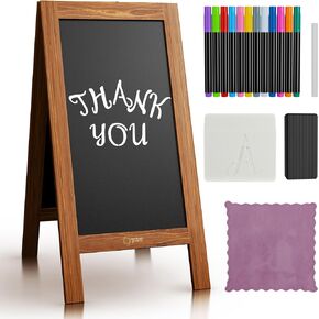 Sandwich Board - 2.0 - Wooden A Frame Easel w/Stencils, Markers, Erasers & More - Sturdier with Adjustable Chain, Non-Magnetic Chalkboard Sidewalk Signs for Business Outdoor, 40"x20"