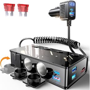 LISEN 9 IN 1 Cigarette Lighter Splitter, 191W Car Charger Adapter with PD36W/QC3.0 Charge USB C Multi Port 12V/24V Independent Switches & Dust Cover & LED Voltage Display for All Car Devices