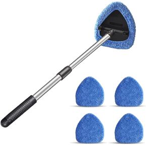 Windshield Cleaning Tool, Car Window Cleaner with 4 Washable Reusable Microfiber Pads, Extendable Long Handle Glass Wiper Cleaning Kit, Auto Accessories Universal for Office and Home (Blue)