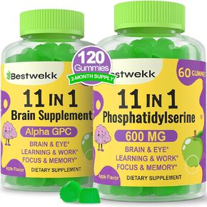Phosphatidylserine 600mg Gummies, Alpha Brain Supplement for Memory, Cognitive, Focus and Concentration - Phosphatidylserine Memory Supplement with B6 & B12, Bacopa Monnieri and Folic Acid - 120 Count