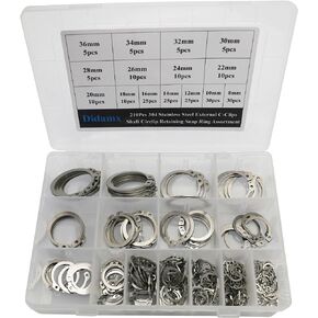 210Pcs 304 Stainless Steel 8mm - 36mm External C-Clips Shaft Circlip Retaining Snap Ring Assortment Set