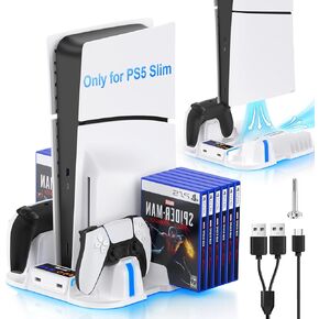 PS5 Slim Cooling Stand with Controller Charging Station for PS5 Slim Console(Digital/Disc), PS5 Slim Accessories Incl. 3 Levels Cooling Fan, 12 Pcs Game Storage for Playsation 5 Slim, White