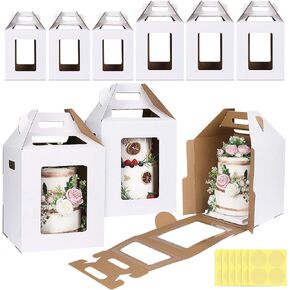 Moretoes 6pcs Cake Boxes, 2 Sizes 10x10x12 & 12x12x14 Tall Cake Boxes, Large Tiered Cake Carrier, Disposable Cake Containers for Mother's Day, Birthday, Wedding