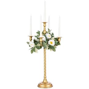 Romadedi Candelabra Gold Candle Stand: 28" Tall 5-Branch Candlestick Holder for Wedding Centerpiece Decor Christmas Holiday Event Reception Decoration, 2Pcs