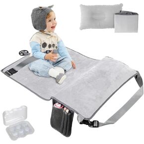Toddler Airplane Travel Bed, Kids Airplane Seat Extender Travel Seat Inflatable Airplane Foot Rest Portable Airplane Travel Bed (Grey)