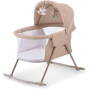 Kinderkraft LOVI 2 Travel Bassinet for Baby in Beige, Portable Folding Baby Bed with Built-in Mosquito net, Adjustable Hood and an Additional Cradle Function