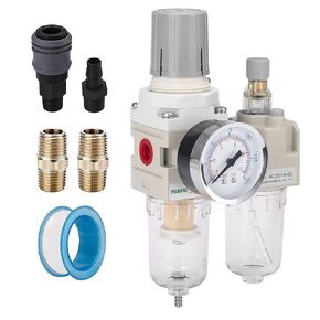 3/8" NPT Compressed Air Filter Regulator Lubricactor Combo, Air Compressor Water Separator, 0-150 psi Gauge, 5 Micron Brass Element