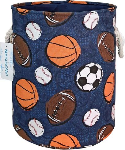 Round Thick Navy Ball Game Laundry Basket Collapsible Organizer Boys Girls | Canvas Foldable Storage Hamper Sturdy Rope Handles for Household Gift Baskets Bedroom Clothes Toys Children Nursery in Saudi Arabia