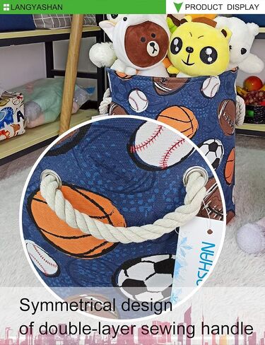 Round Thick Navy Ball Game Laundry Basket Collapsible Organizer Boys Girls | Canvas Foldable Storage Hamper Sturdy Rope Handles for Household Gift Baskets Bedroom Clothes Toys Children Nursery in Saudi Arabia