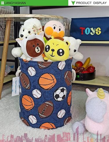 Round Thick Navy Ball Game Laundry Basket Collapsible Organizer Boys Girls | Canvas Foldable Storage Hamper Sturdy Rope Handles for Household Gift Baskets Bedroom Clothes Toys Children Nursery in Saudi Arabia