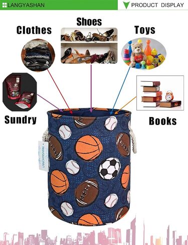 Round Thick Navy Ball Game Laundry Basket Collapsible Organizer Boys Girls | Canvas Foldable Storage Hamper Sturdy Rope Handles for Household Gift Baskets Bedroom Clothes Toys Children Nursery in Saudi Arabia