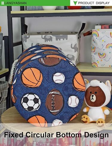 Round Thick Navy Ball Game Laundry Basket Collapsible Organizer Boys Girls | Canvas Foldable Storage Hamper Sturdy Rope Handles for Household Gift Baskets Bedroom Clothes Toys Children Nursery in Saudi Arabia