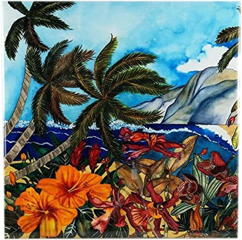 6" decorative ceramic tile. Beach Scene "Secret Spot". Artwork by Candace Lee. Made in Hawaii in Saudi Arabia