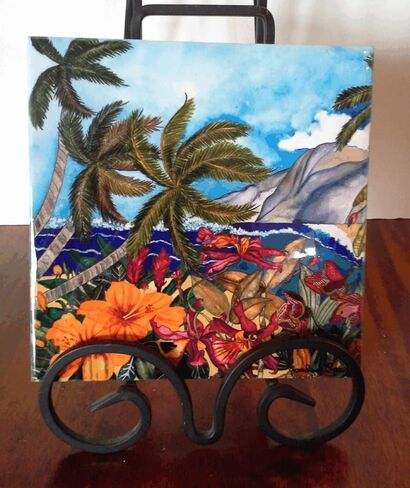 6" decorative ceramic tile. Beach Scene "Secret Spot". Artwork by Candace Lee. Made in Hawaii in Saudi Arabia