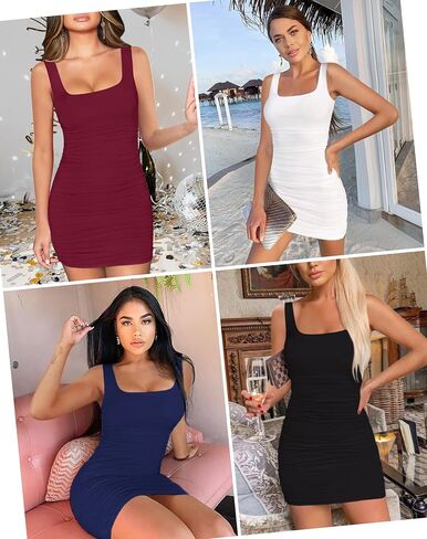 Ellakoko 2024 Women Summer Sleeveless Dress Sexy Mini Bodycon Square Neck Prom Party Cocktail Graduation Dress in Kuwait