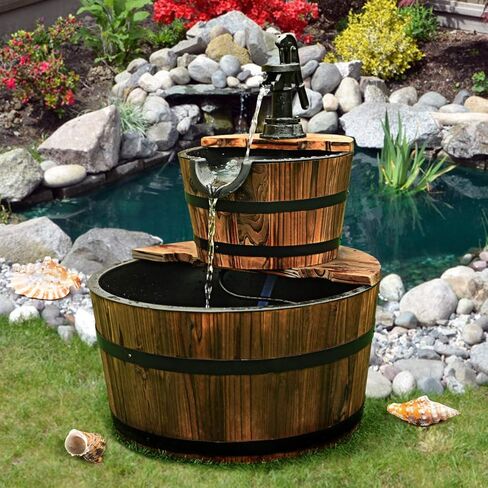 fantask 2 نافورة شلال برميل الطبقة، نافورة المياه برميل في الهواء الطلق مع مضخة يدوية البناء الخشب الصلب ريفي، خارج نافورة الشلال المتتالية للحديقة، الفناء الخلفي، الفناء، الشرفة، ساحة in Kuwait