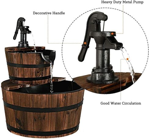 fantask 2 نافورة شلال برميل الطبقة، نافورة المياه برميل في الهواء الطلق مع مضخة يدوية البناء الخشب الصلب ريفي، خارج نافورة الشلال المتتالية للحديقة، الفناء الخلفي، الفناء، الشرفة، ساحة in Kuwait