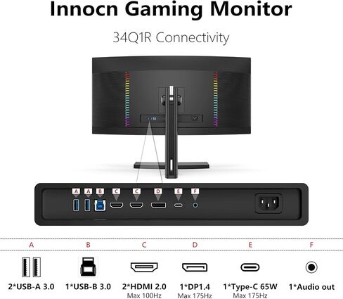 INNOCN 34Q1R 34" OLED Curved Ultrawide Monitor WQHD 3440 x 1440p 175Hz Computer Monitor, USB Type C Power Delivery, HDMI, DP, Stereo Speakers, Charger Pad, Black in Saudi Arabia