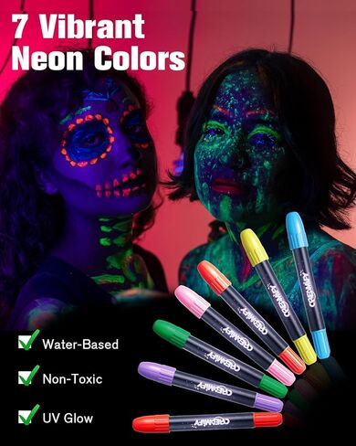 14 قطعة من طلاء الوجه المتوهج في الظلام، طلاء الوجه والجسم باللون الأسود النيون الفاتح، أعواد مكياج الهالوين التنكرية، مجموعة أقلام تلوين فلورسنت للأطفال والكبار in Kuwait