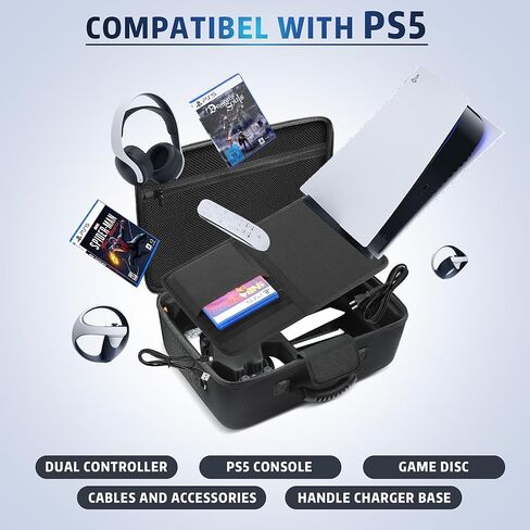 حقيبة حمل ذات هيكل صلب لجهاز PS5، حافظة وحدة تحكم واقية لجهاز PlayStation 5 وأجهزة التحكم، حقيبة سفر محمولة متوافقة مع ألعاب الإصدار الرقمي لقرص PS5 وملحقات الألعاب (رمادي) in Saudi Arabia