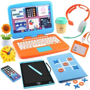 Pretend Play Home Office Set for Kids, Features Toy Laptop Computer, LCD Writing Tablet, Toy Phone, Headset, Sunflower & Coffee Cup, Toys Gifts for Boys Girls Age 3-5-7 in Saudi Arabia