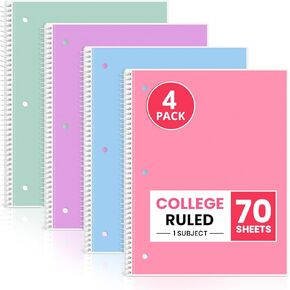 Taja Spiral Notebook College Ruled, 4 Pack, 1 Subject Notebooks (8" x 10-1/2"), 3-Hole Punched Paper, Assorted Pastel Colors Spiral Notebook for School & Office Supplies in Kuwait