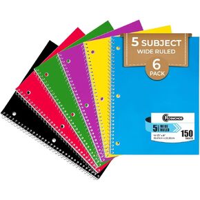 5 Subject Notebook Wide Ruled, 6 Pack, 300 Pages (150 Sheets), 8 x 10-1/2", 5 Subject Spiral Notebook with Dividers, Thick Paper Fights Ink Bleed, 3 Hole Punched, Spiral Notebooks for School in Kuwait