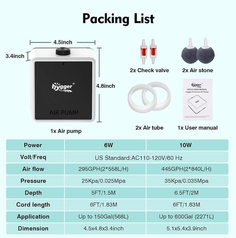Hygger Aquarium Air Pump ، مضخة أكسجين هادئة قابلة للتعديل ، Aerator Aerator Aerator Aerator Fish Dual Outlet لتوفير الطاقة مع ملحقات لخزان الأسماك حتى 150 جالون 6W in Saudi Arabia