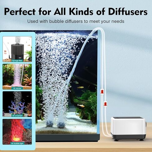 Hygger Aquarium Air Pump ، مضخة أكسجين هادئة قابلة للتعديل ، Aerator Aerator Aerator Aerator Fish Dual Outlet لتوفير الطاقة مع ملحقات لخزان الأسماك حتى 150 جالون 6W in Saudi Arabia