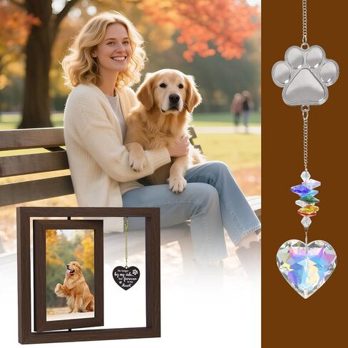 Dog Memorial Gifts for Loss of Dog Wooden Picture Frames for 4x6 Photos，2 Inch Color-Heart Shape Crystal Suncatcher, Pet Memorial Gifts for Dogs Bereavement Sympathy Gifts in Saudi Arabia