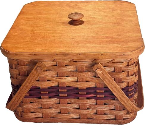 Amish Double Pie Carrier Square Oak Handmade Basket Swinging Handles by Amish Baskets and Beyond (Red) in Kuwait