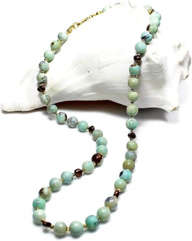 Aqua Blue Agate Gemstone Necklace, Bronze Cultured Freshwater Pearl Necklace, May Birthstone, Custom Length, Extension Chain, Jewelry Inspirations in Saudi Arabia