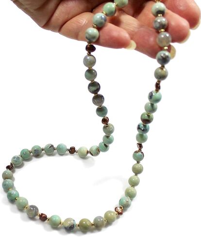 Aqua Blue Agate Gemstone Necklace, Bronze Cultured Freshwater Pearl Necklace, May Birthstone, Custom Length, Extension Chain, Jewelry Inspirations in Saudi Arabia