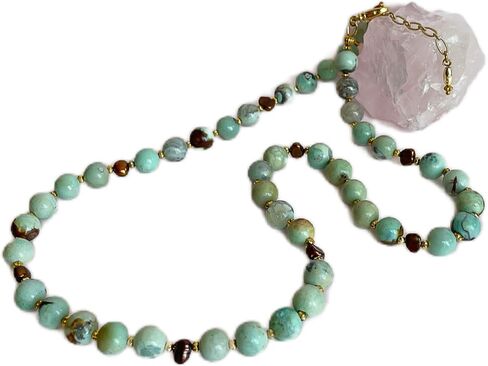 Aqua Blue Agate Gemstone Necklace, Bronze Cultured Freshwater Pearl Necklace, May Birthstone, Custom Length, Extension Chain, Jewelry Inspirations in Saudi Arabia