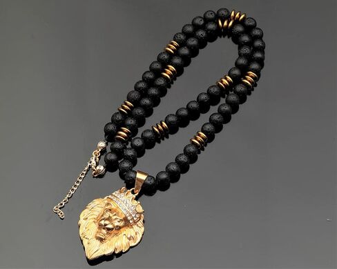Elisajewelryart - Natural Lava Stone Zirconia Zirconia Lion Necklace Gemstone Gemstone Courage Stone Clasp Necklace Necklace Usisex (22 ، Stone Lava) in Saudi Arabia